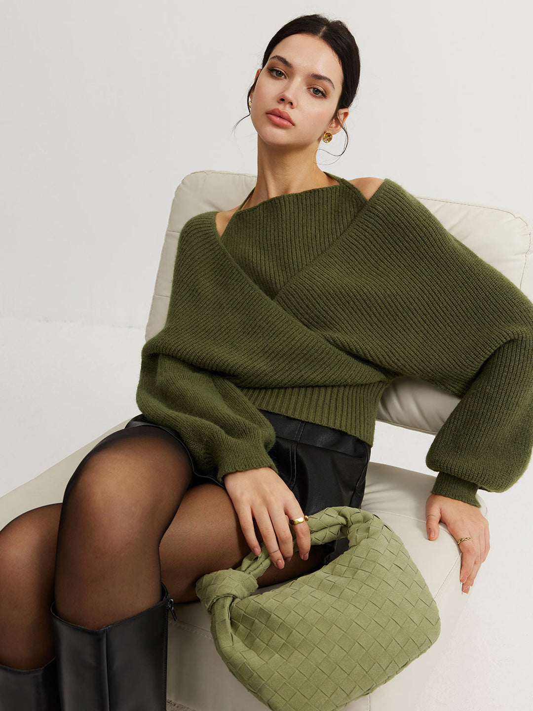 2 in 1 Bat Sleeve Halter Knit Top  Liora Lane Boutique Knit Tops Green / XL 48.00