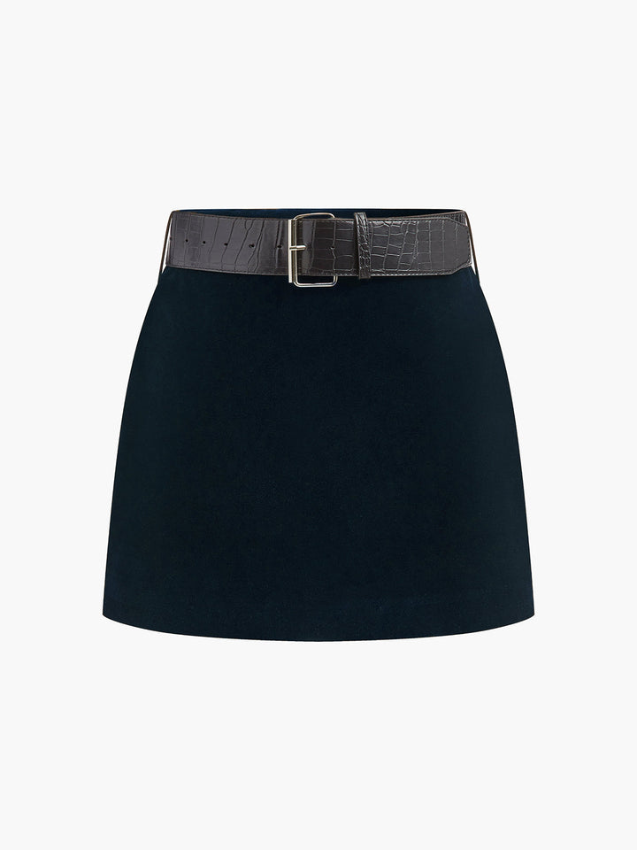 Crocodile Belted Velvet Mini Skirt  Liora Lane Boutique Skirts Navy / XL 32.00
