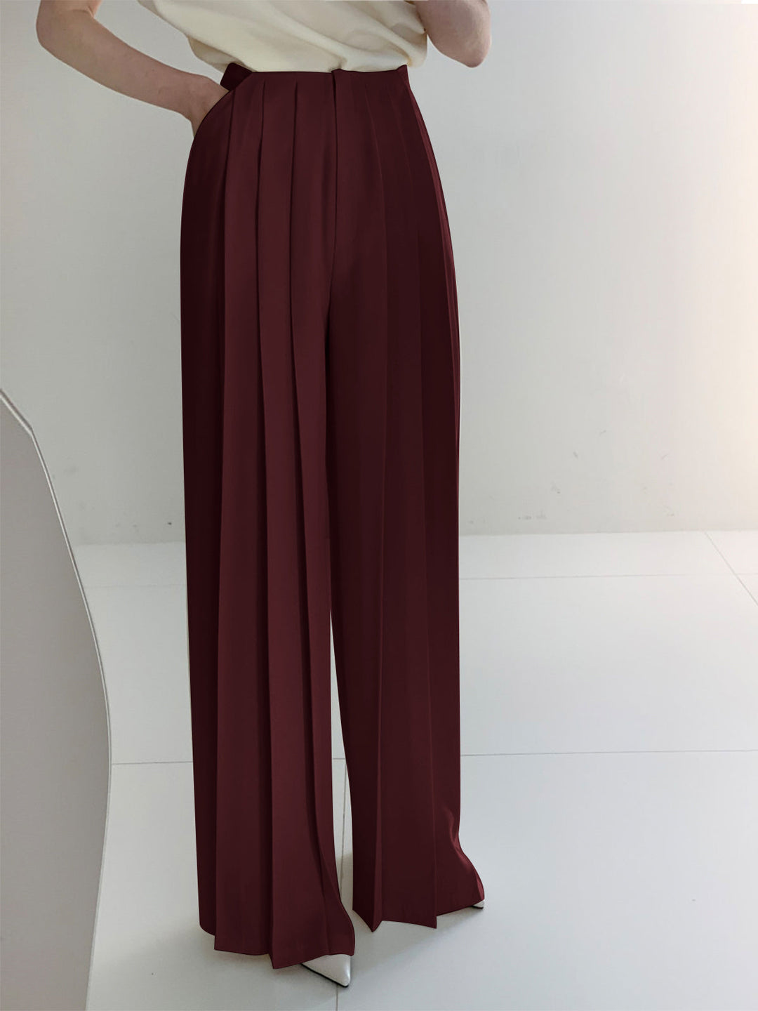 Pleated High Waist Wide Leg Pants  Liora Lane Boutique Pants Burgundy / XL 56.00