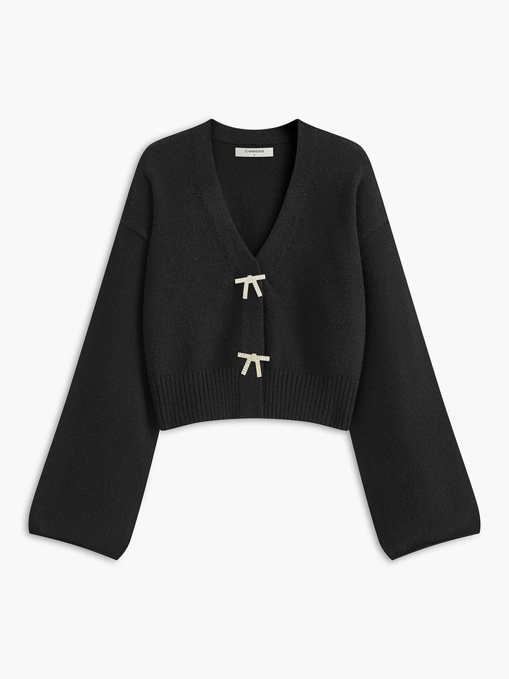 V-Neck Rhinestone-Bow Cardigan  Liora Lane Boutique Cardigans Black / XL 79.99