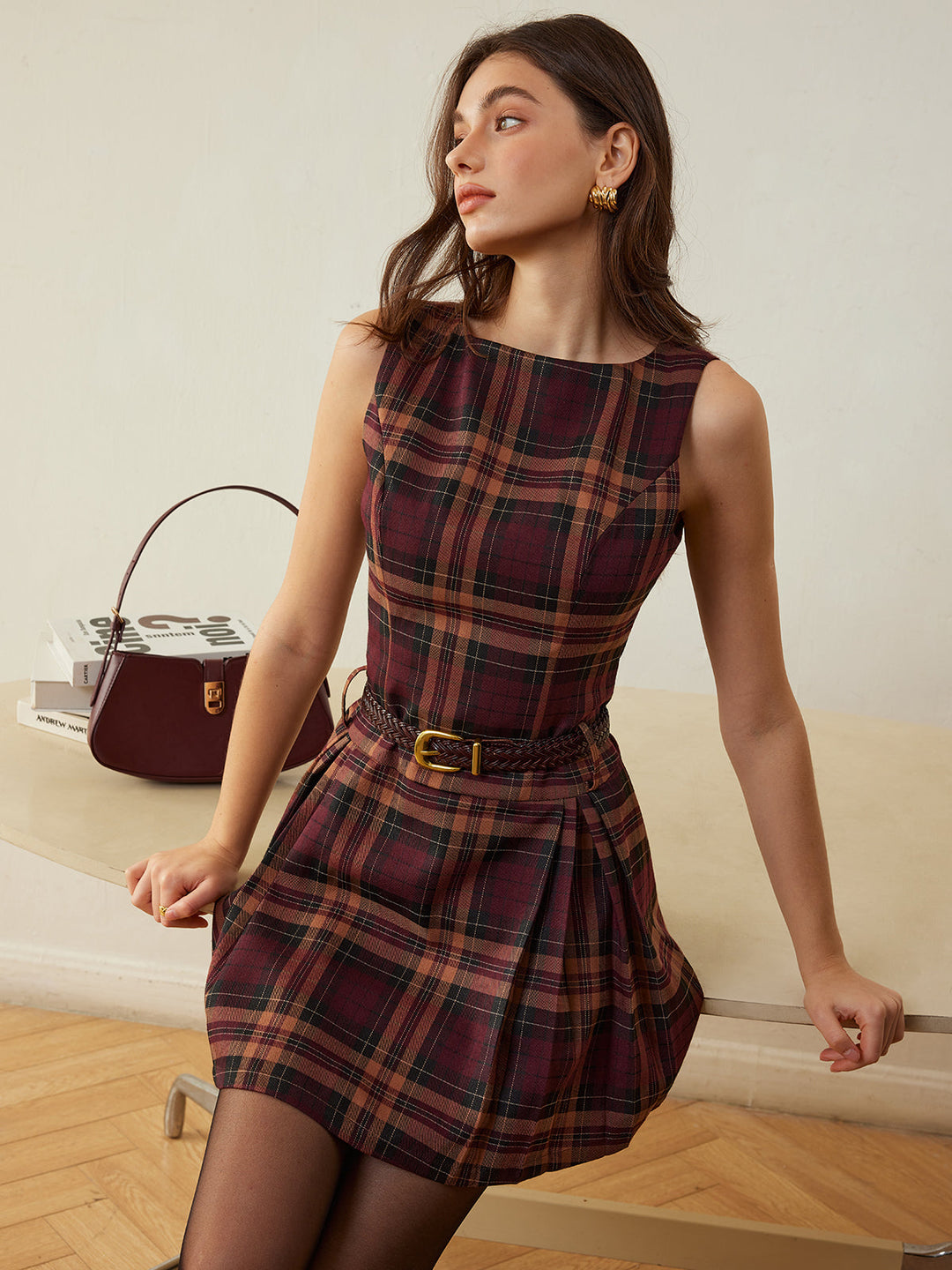 Checked Pleated Tank Dress Without Belt  Liora Lane Boutique Dresses