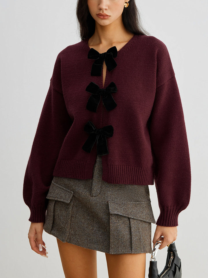 Velvet-Bow Lantern Sleeve Sweater  Liora Lane Boutique Sweaters