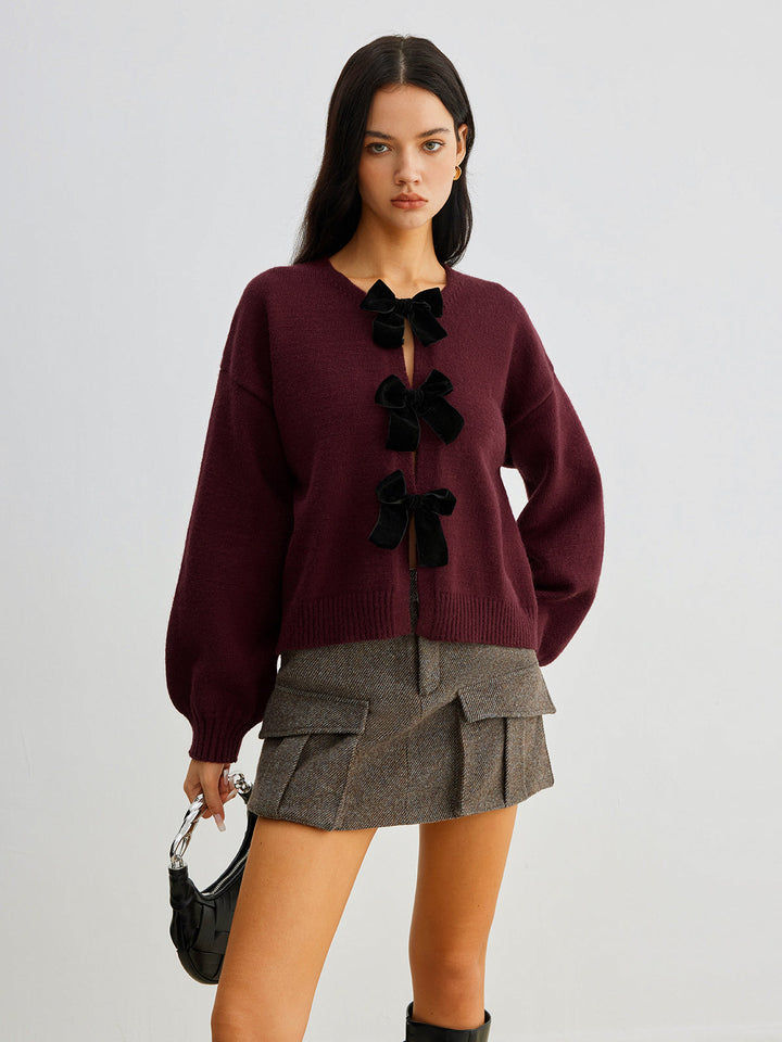 Velvet-Bow Lantern Sleeve Sweater  Liora Lane Boutique Sweaters