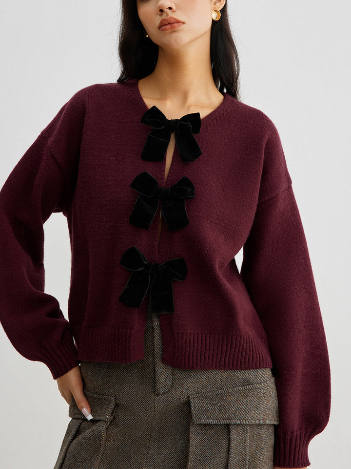 Velvet-Bow Lantern Sleeve Sweater  Liora Lane Boutique Sweaters