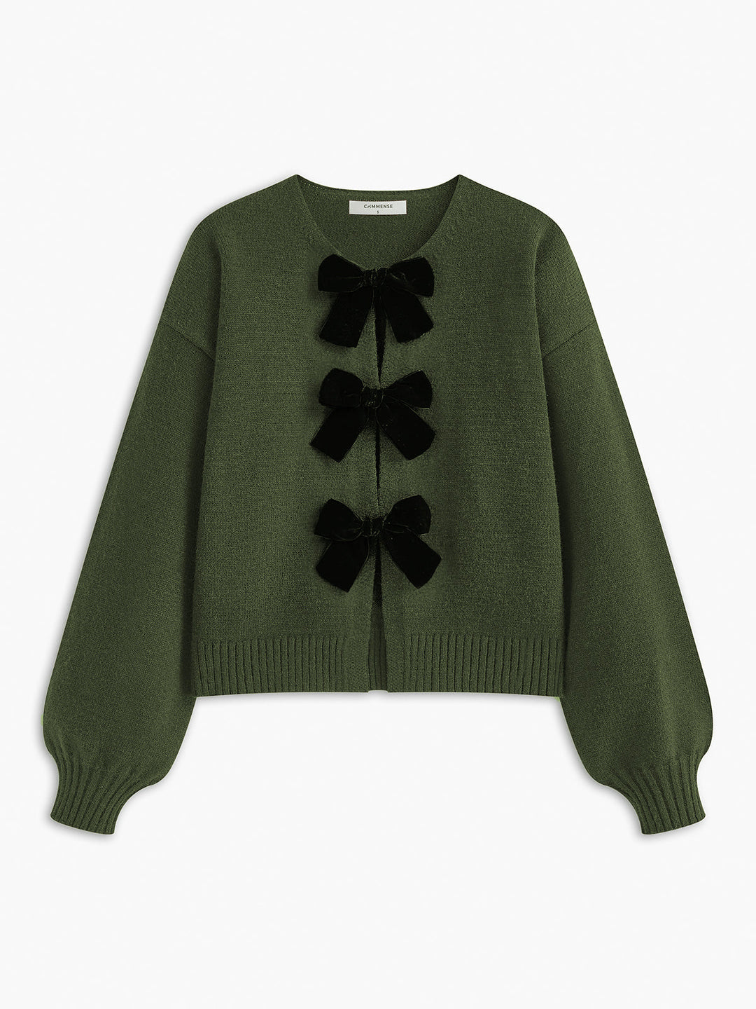 Velvet-Bow Lantern Sleeve Sweater  Liora Lane Boutique Sweaters ArmyGreen / XL 45.00