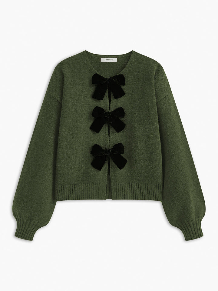 Velvet-Bow Lantern Sleeve Sweater  Liora Lane Boutique Sweaters ArmyGreen / XL 45.00