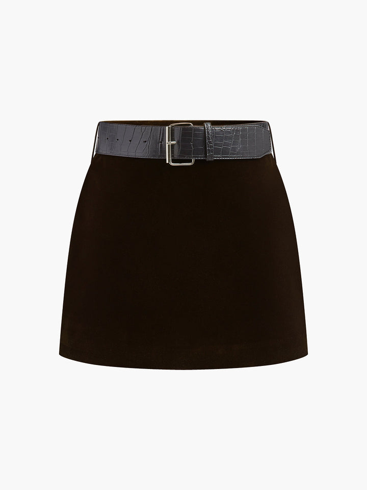 Crocodile Belted Velvet Mini Skirt  Liora Lane Boutique Skirts Dark Brown / XL 32.00
