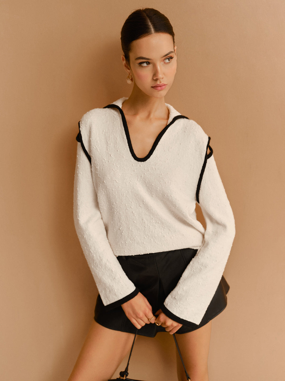 Contrast Trim Cutout Lapel Sweater  Liora Lane Boutique Sweaters