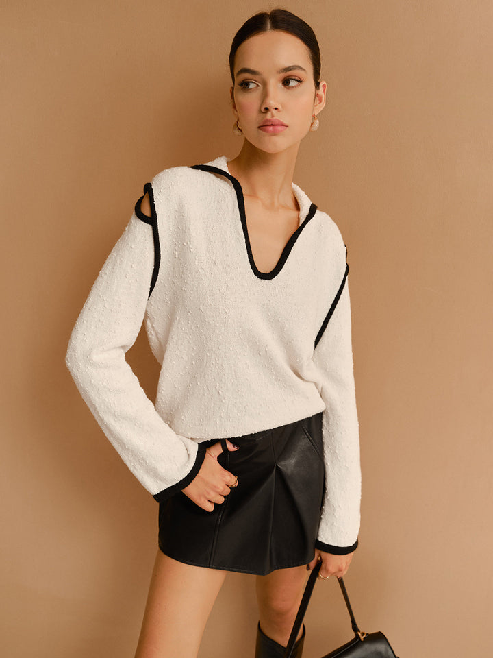 Contrast Trim Cutout Lapel Sweater  Liora Lane Boutique Sweaters BlackandWhite / XL 99.99
