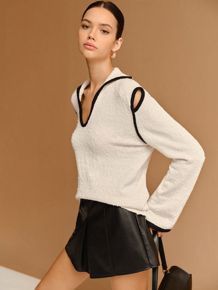 Contrast Trim Cutout Lapel Sweater  Liora Lane Boutique Sweaters
