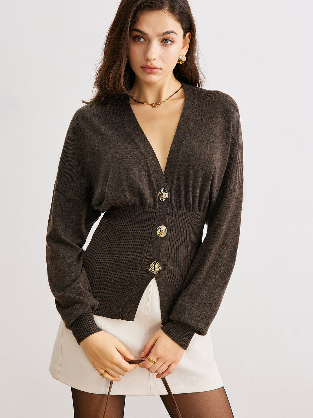 Wool-Blend Cinched Button Knit Outerwear  Liora Lane Boutique Knit Outerwear Dark Brown / XL 99.99
