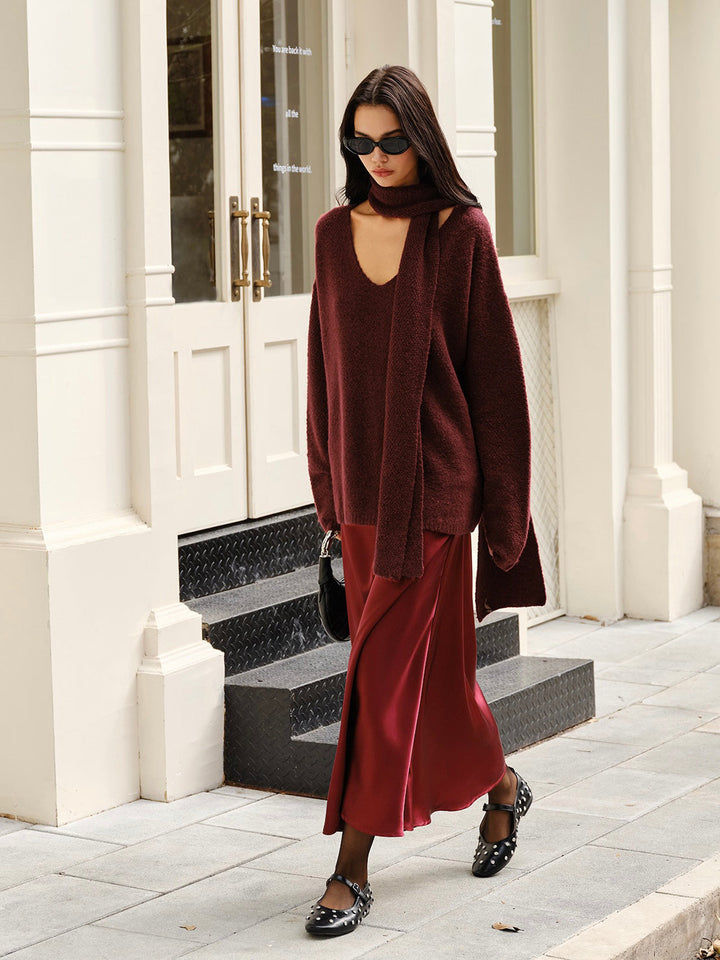 Wool-Blend Loose Sweater With Matching Scarf  Liora Lane Boutique Sweaters Burgundy / XL 52.00
