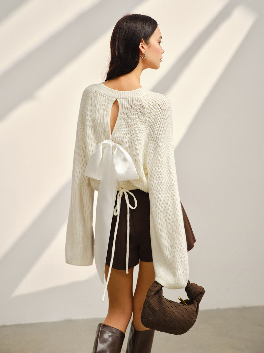 Satin-Bow Bell Sleeve Short Sweater  Liora Lane Boutique Sweaters Off-White / XL 39.00