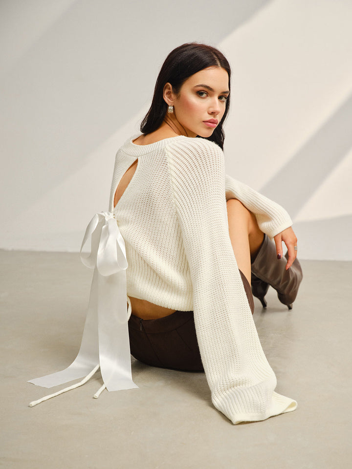 Satin-Bow Bell Sleeve Short Sweater  Liora Lane Boutique Sweaters