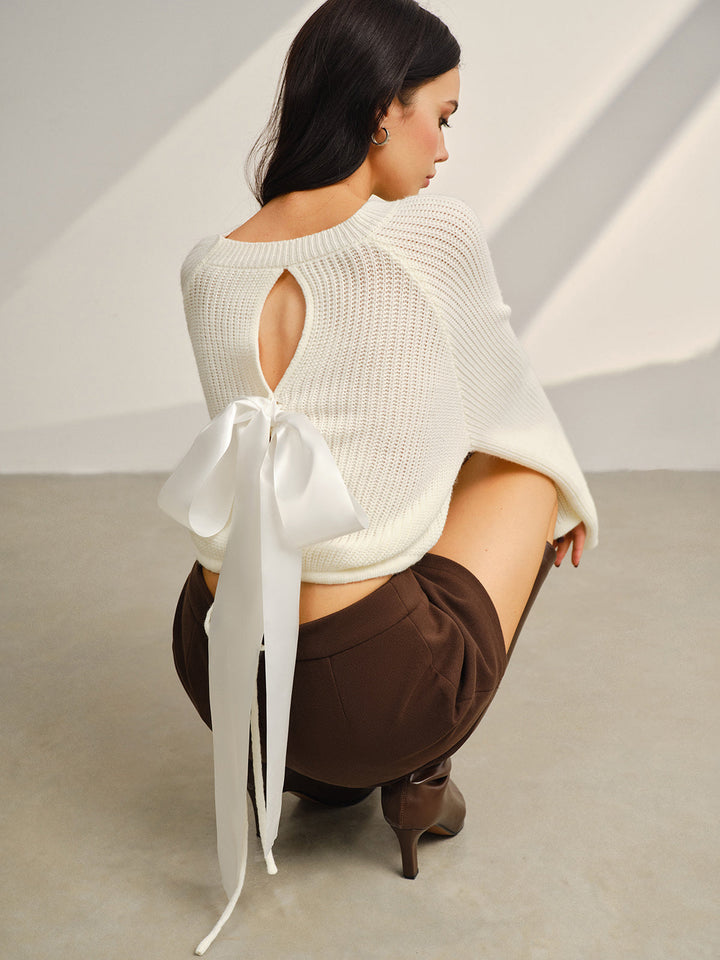 Satin-Bow Bell Sleeve Short Sweater  Liora Lane Boutique Sweaters