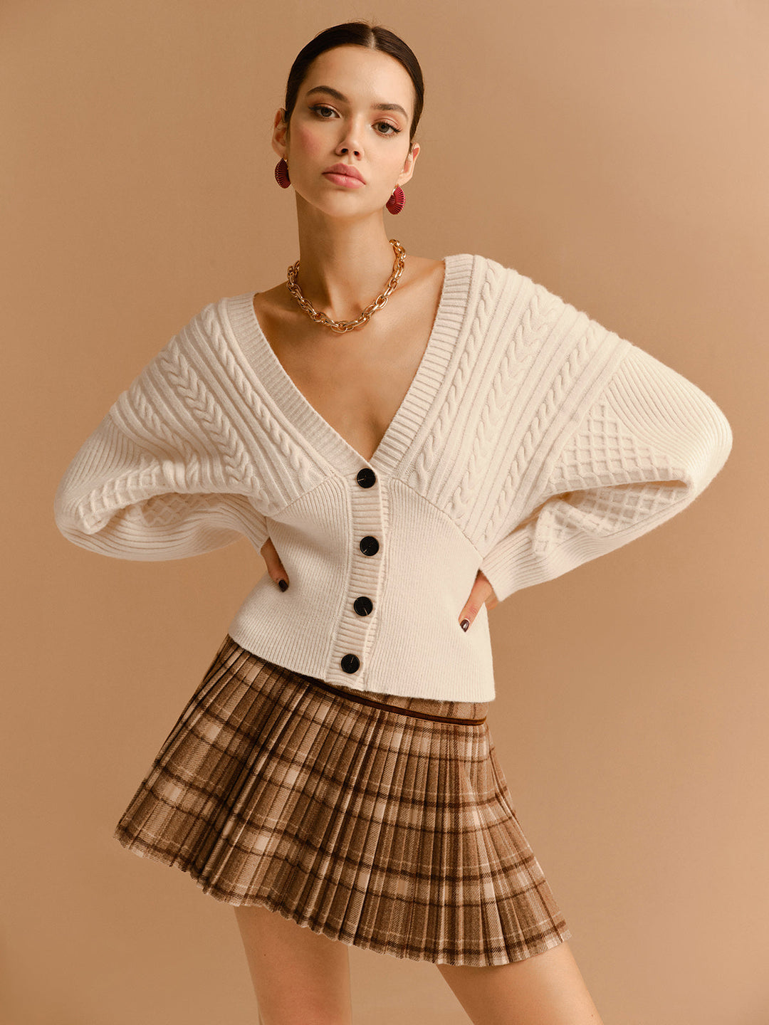 V-Neck Cinched Waist Twist Button Cardigan  Liora Lane Boutique Cardigans Off-White / XL 84.99