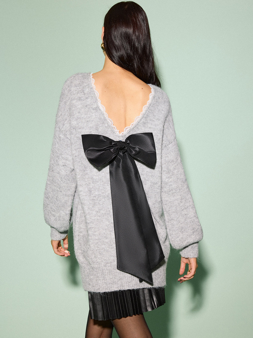 Lace Trim Bow-Decor Draped Sweater  Liora Lane Boutique Sweaters