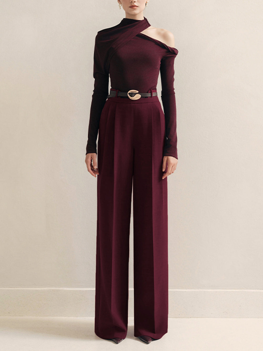 Metal-Belt Pleated High-Waist Pants  Liora Lane Boutique Pants