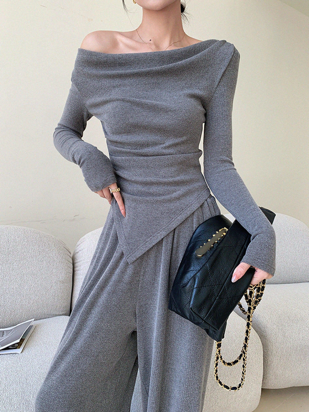 Plain Asymmetrical Draped Pants Set  Liora Lane Boutique Pant Sets