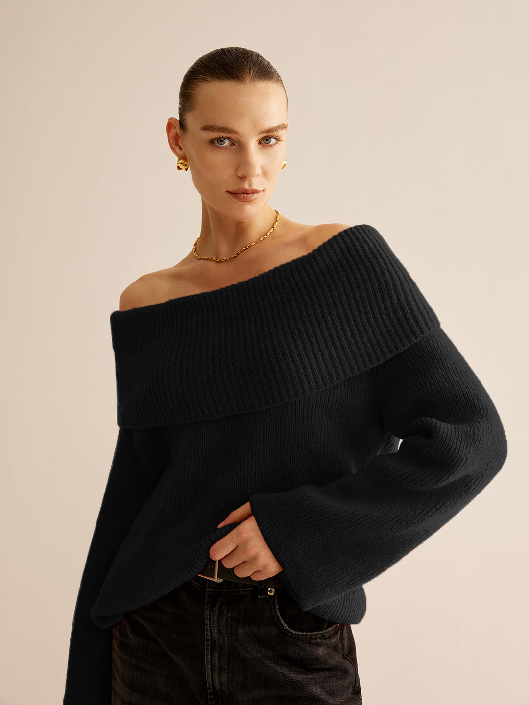 Off-Shoulder Ribbed Sweater  Liora Lane Boutique Sweaters Black / XL 45.00