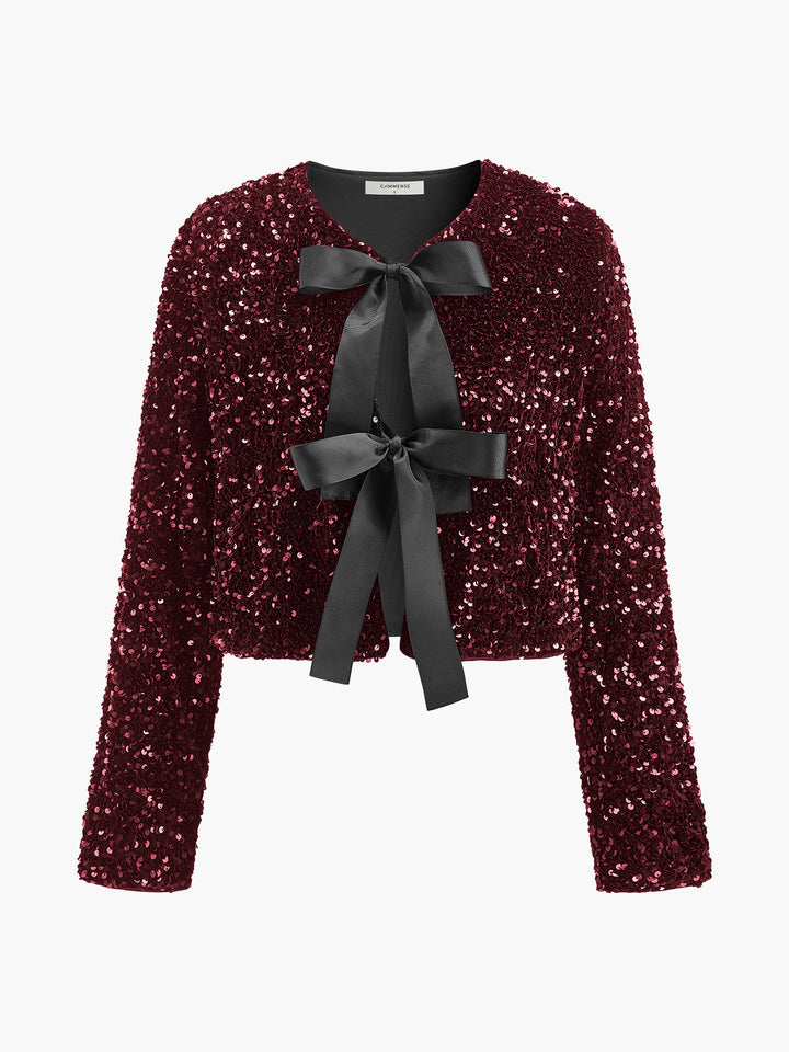 Sequins Velvet Bow Blazer  Liora Lane Boutique Blazers Burgundy / XL 111.00