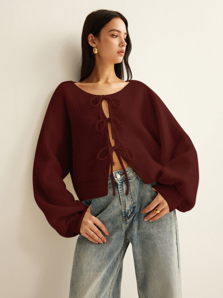 Wool-Blend Tie-Front Cardigan  Liora Lane Boutique Cardigans Burgundy / XL 99.99