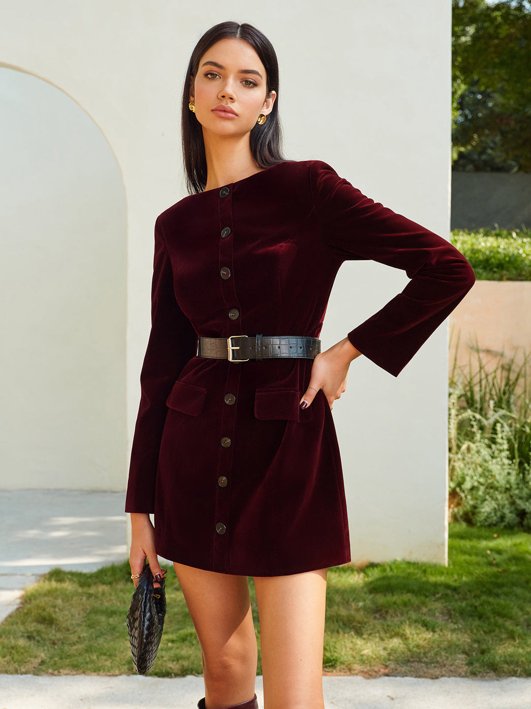 Velvet Button Short Dress With Belt  Liora Lane Boutique Dresses Burgundy / XL 68.00