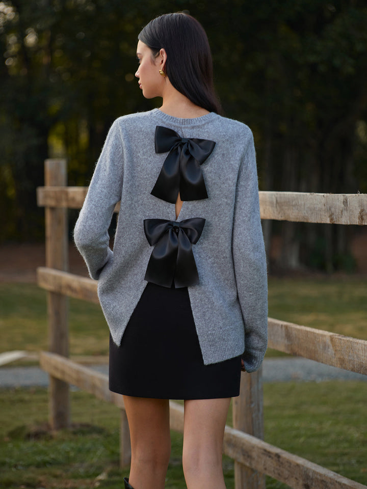 Round Neck Bow-Decor Sweater  Liora Lane Boutique Sweaters Grey / XL 48.00
