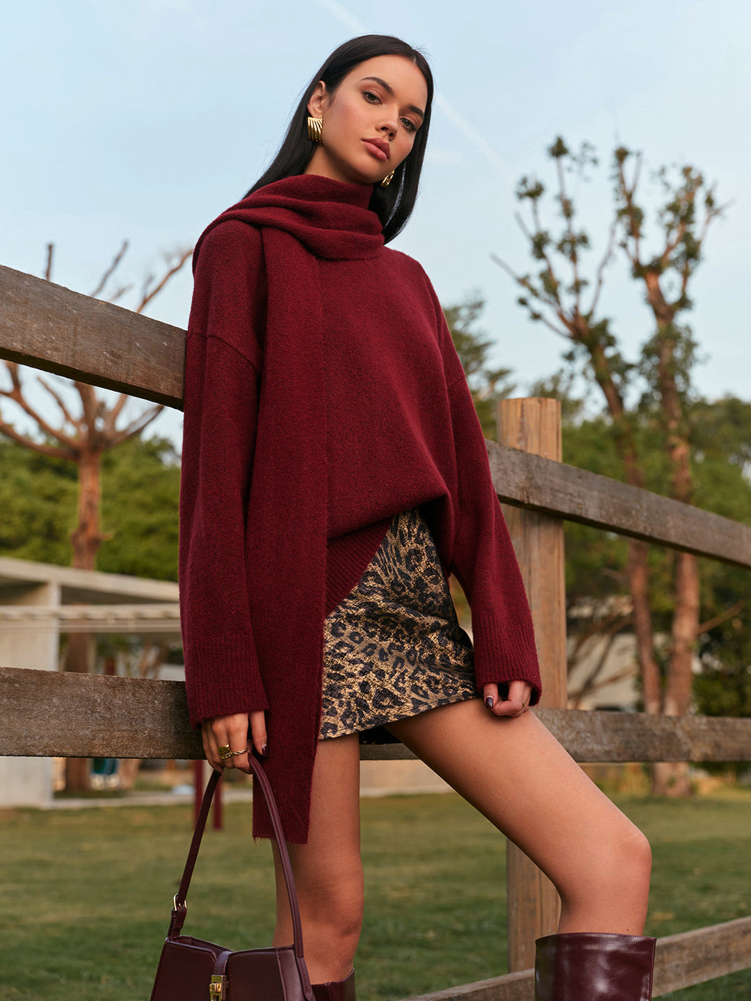 Plain Shift Sweater With Matching Scarf  Liora Lane Boutique Sweaters Red / XL 62.00