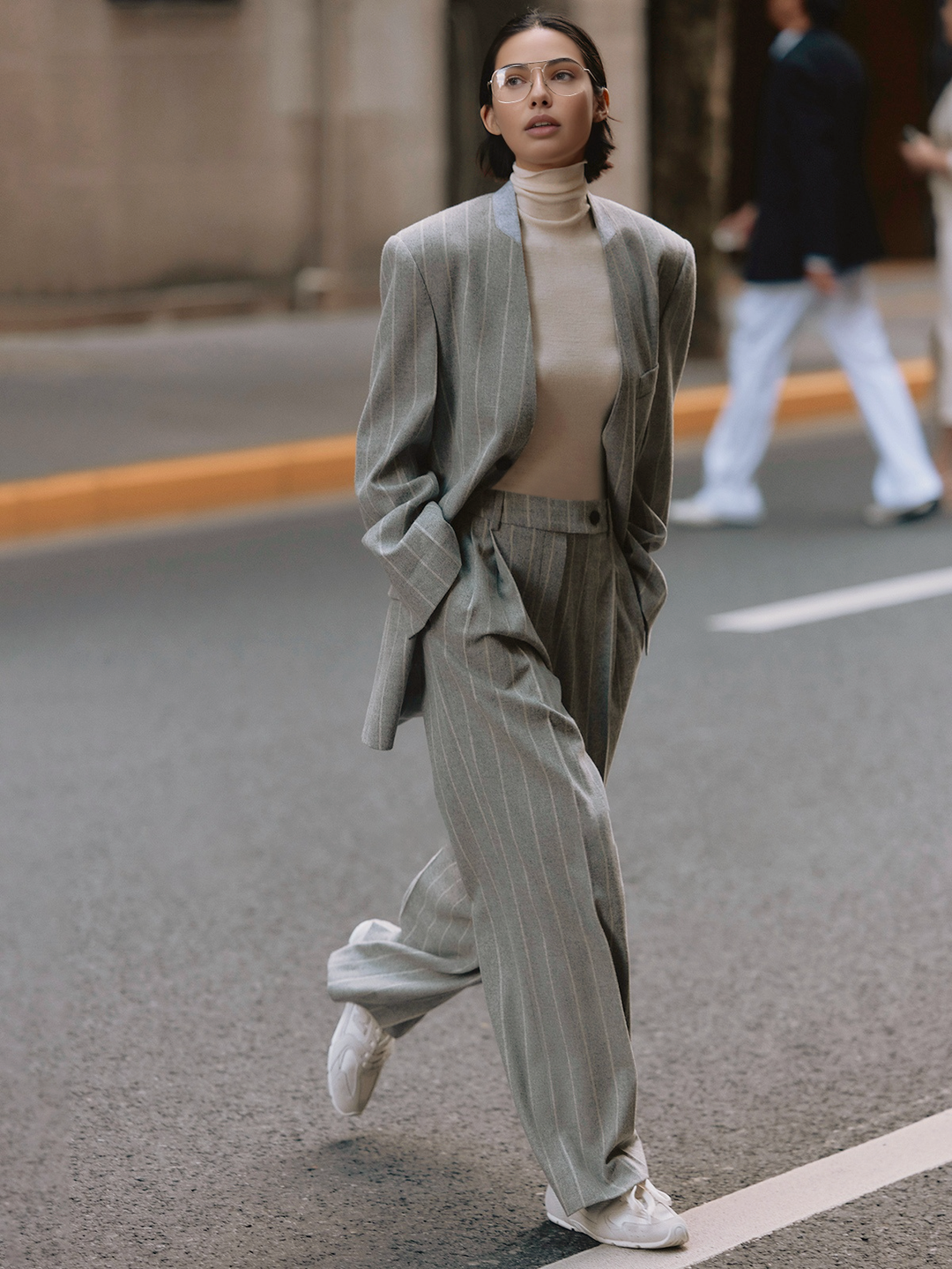 Wool-Blend Pinstripe Tweed Pants  Liora Lane Boutique Pants Light Grey / XL 64.00