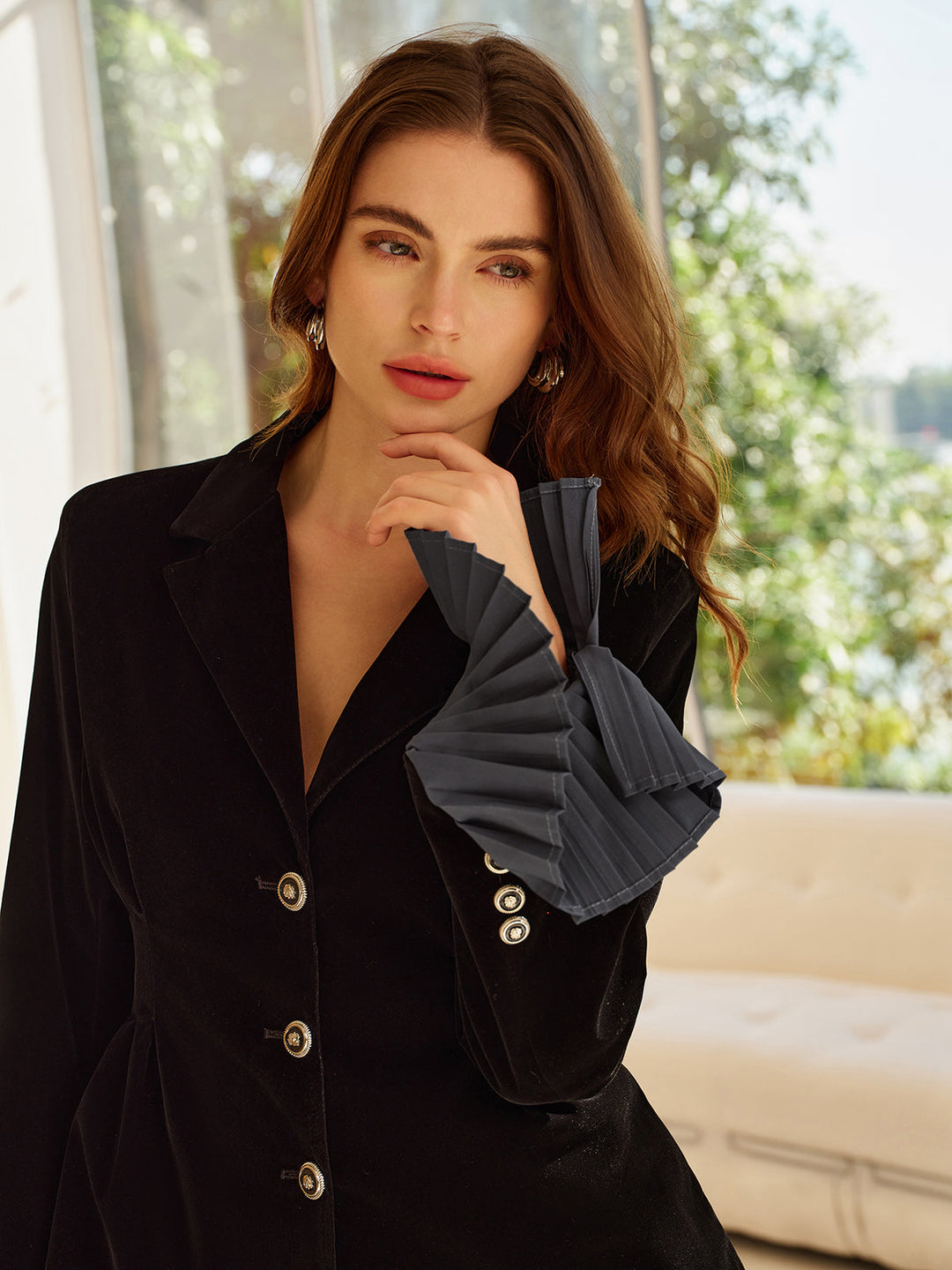 Pleated Ruffle-Cuff Velvet Skirt Set  Liora Lane Boutique Skirt Sets