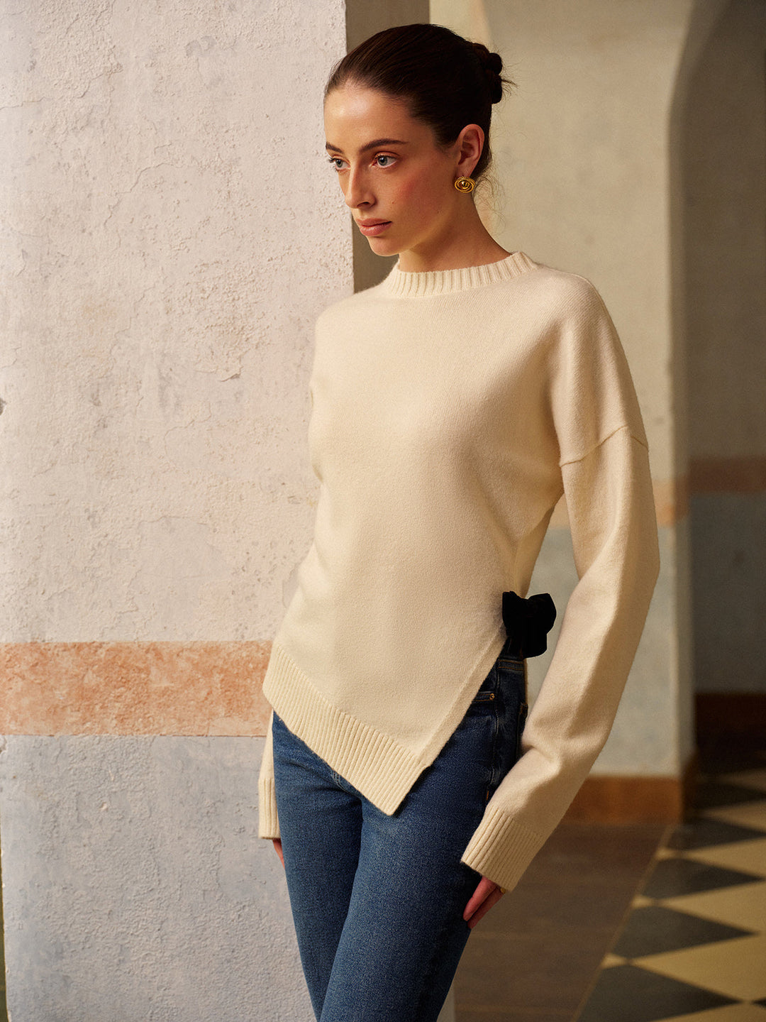 Bow-Decor High Stretch Slit Sweater  Liora Lane Boutique Sweaters