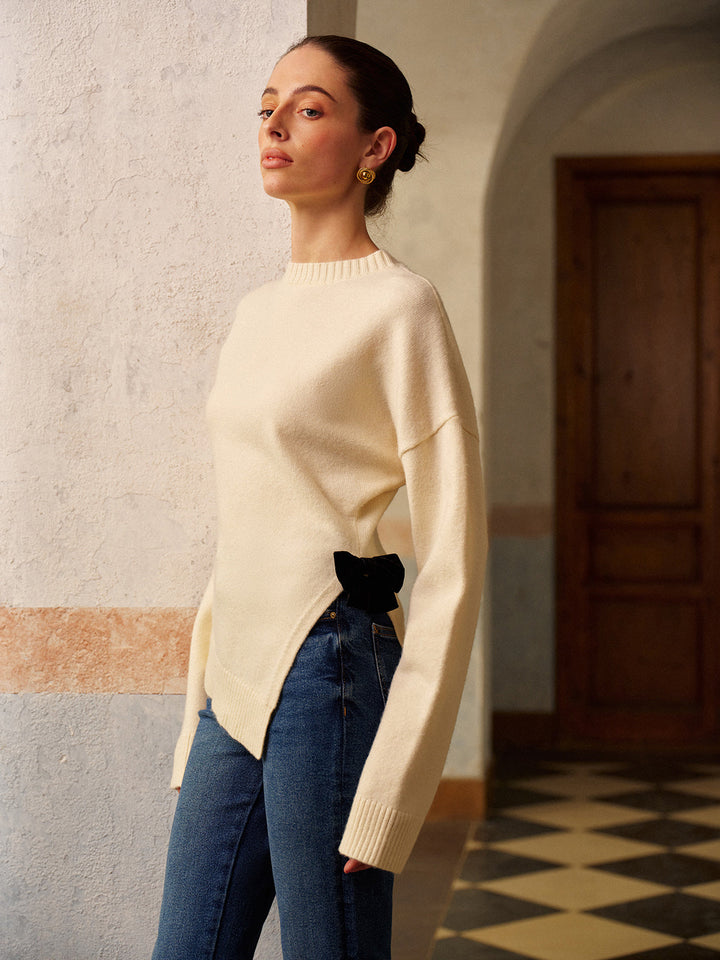 Bow-Decor High Stretch Slit Sweater  Liora Lane Boutique Sweaters Off-White / XL 36.00