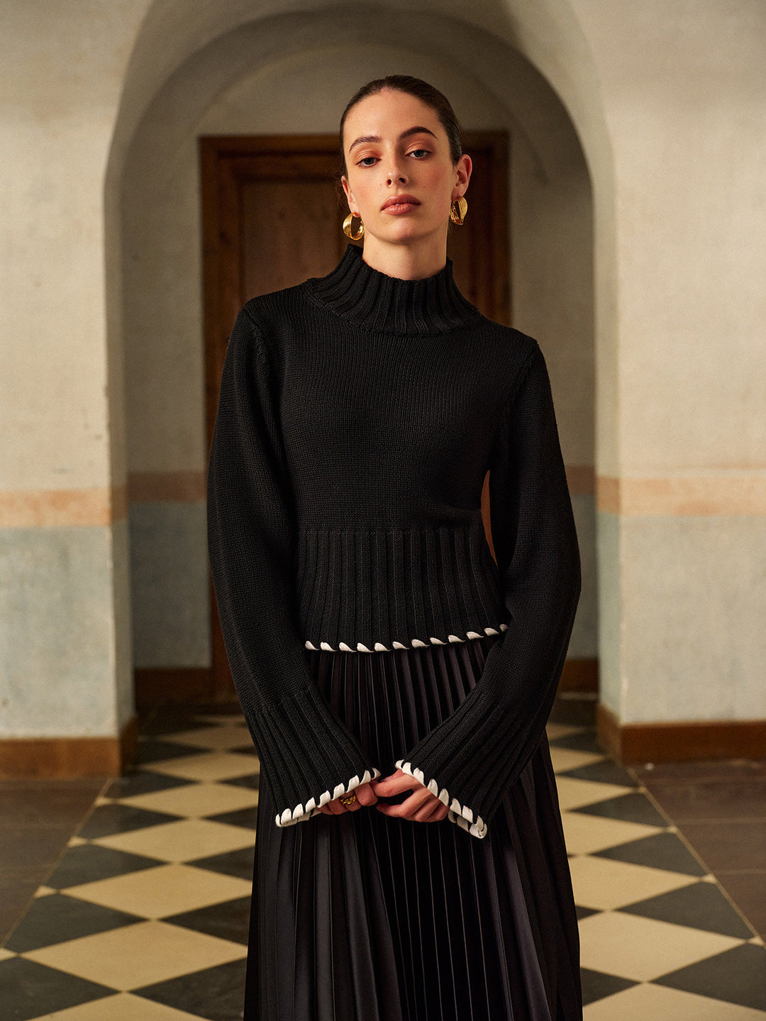 Wool-Blend Contrast Binding Ribbed Knit Top  Liora Lane Boutique Knit Tops Black / XL 109.99