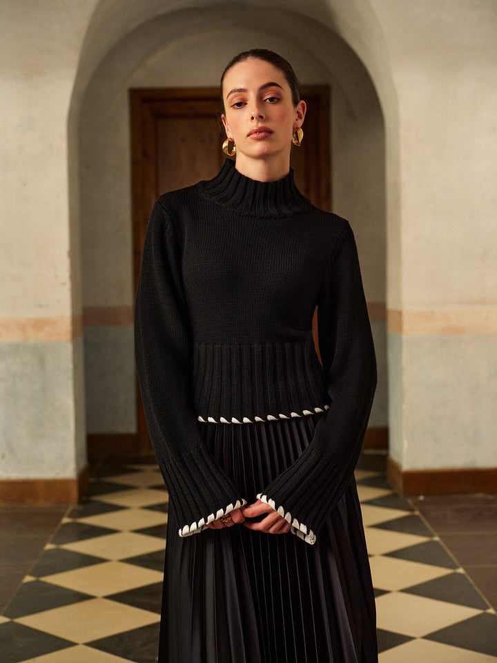 Wool-Blend Contrast Binding Ribbed Knit Top  Liora Lane Boutique Knit Tops Black / XL 109.99