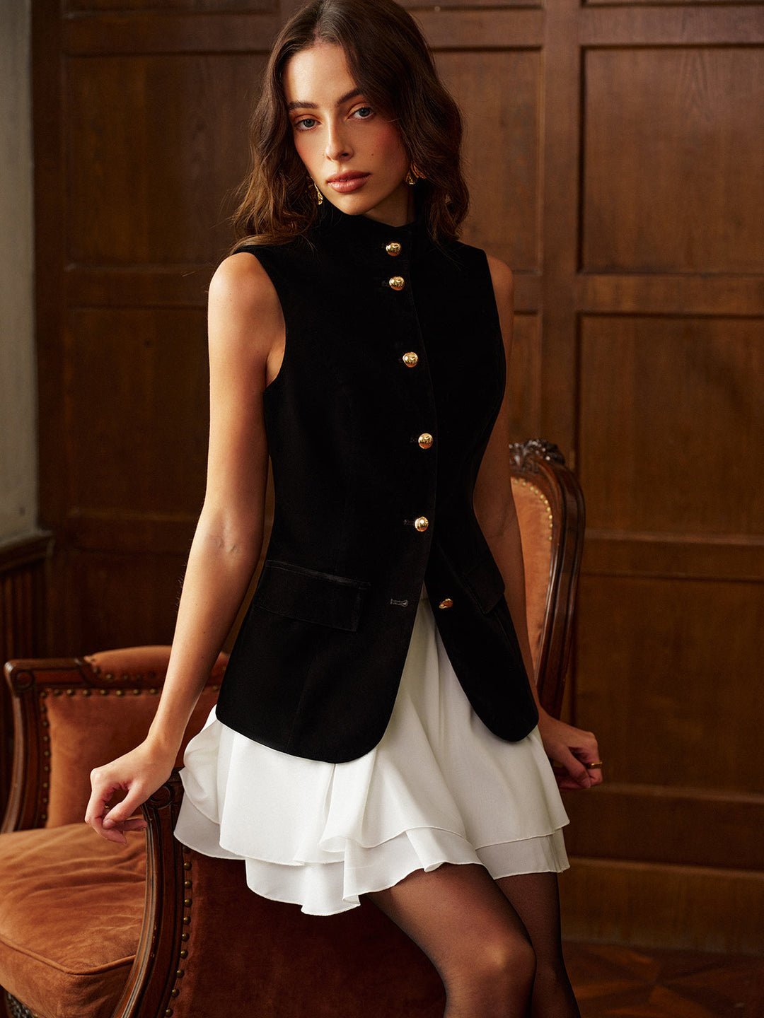 Button Slit Velvet Top With Chiffon Skirt Set  Liora Lane Boutique Skirt Sets Black / XL 69.00