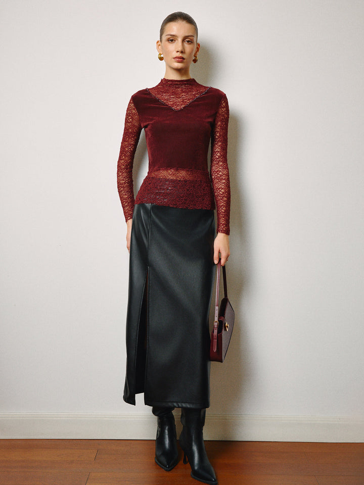 Semi-Sheer Rhinestone Velvet Panel Lace Slim Top  Liora Lane Boutique T-Shirts