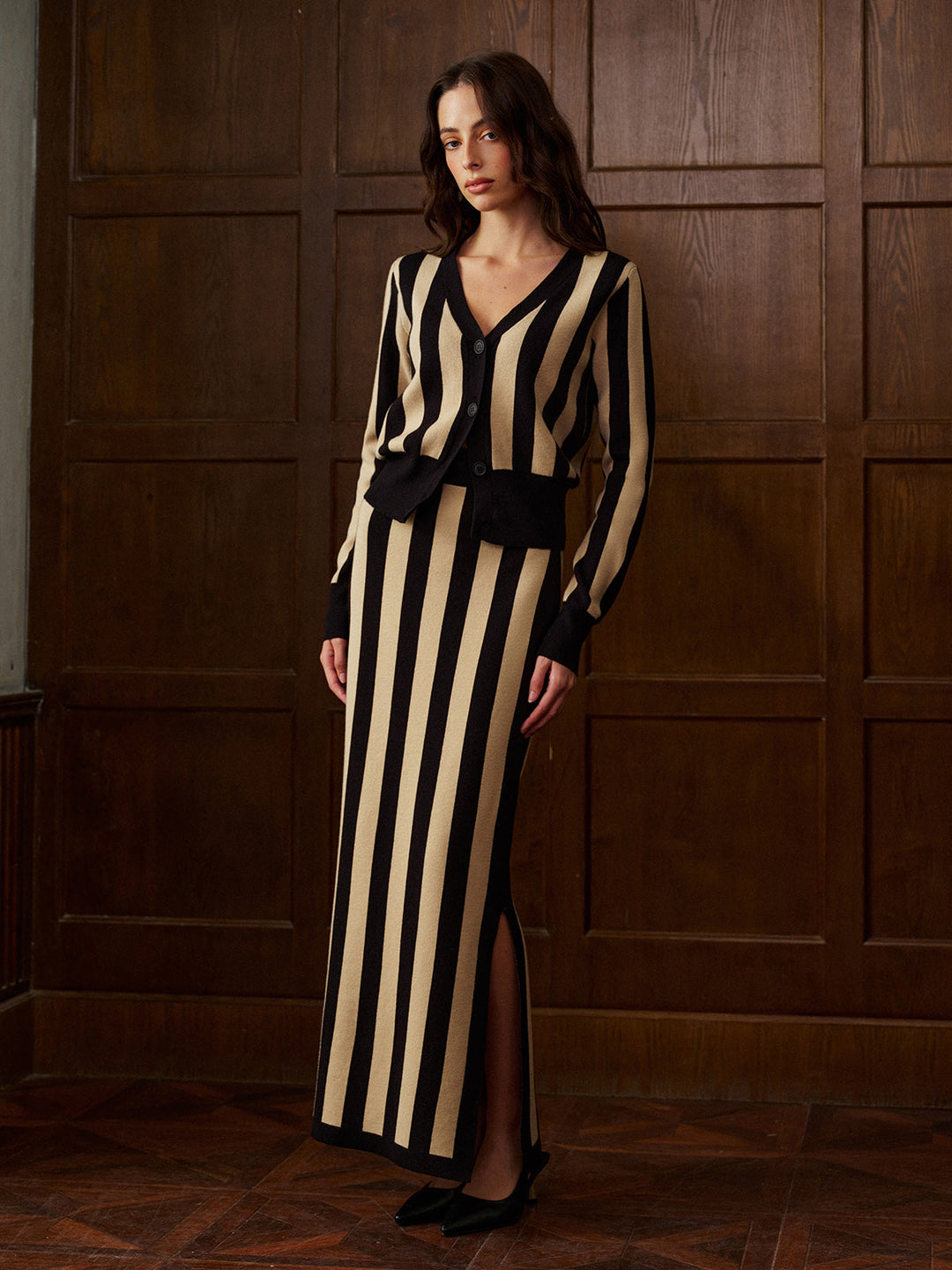 Two-Tone Pinstripe V-Neck Button Sweater Skirt Set  Liora Lane Boutique Sweater Co-ords