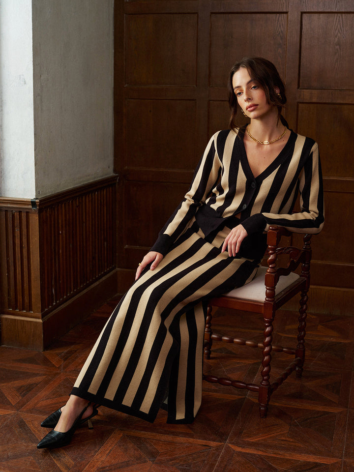 Two-Tone Pinstripe V-Neck Button Sweater Skirt Set  Liora Lane Boutique Sweater Co-ords Khaki / XL 139.99