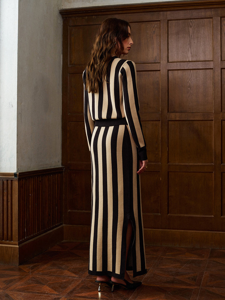 Two-Tone Pinstripe V-Neck Button Sweater Skirt Set  Liora Lane Boutique Sweater Co-ords