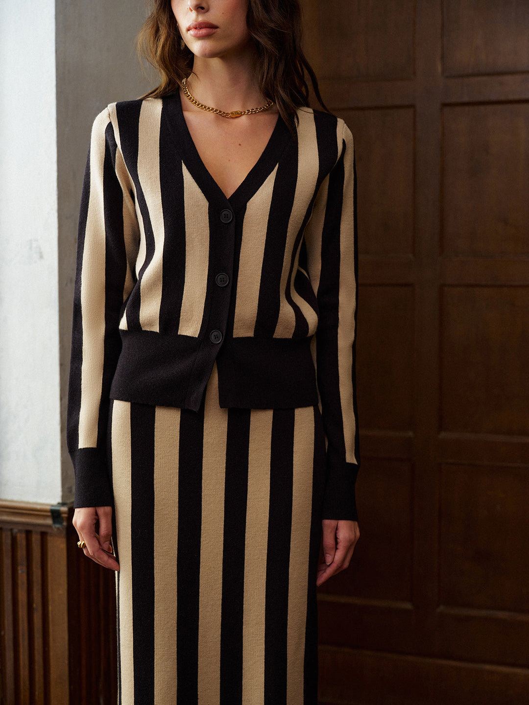 Two-Tone Pinstripe V-Neck Button Sweater Skirt Set  Liora Lane Boutique Sweater Co-ords