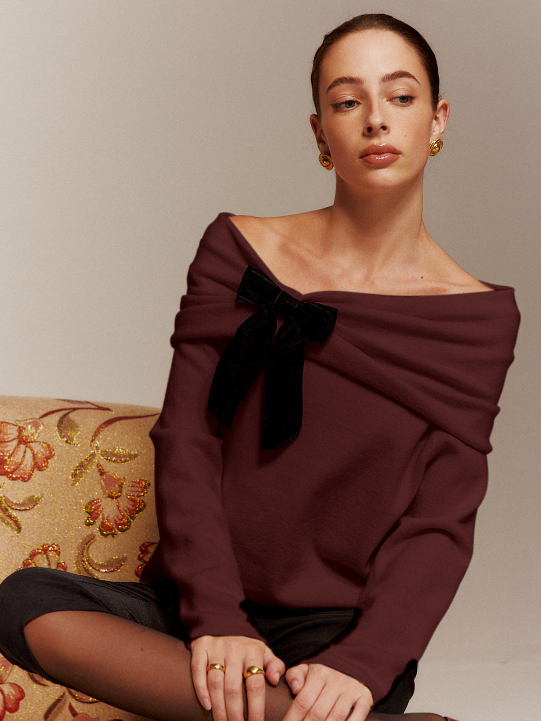Velvet-Bow Off-Shoulder Ruched Sweater  Liora Lane Boutique Sweaters