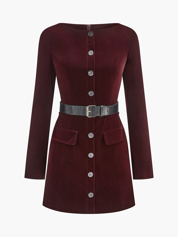 Velvet Button Short Dress With Belt  Liora Lane Boutique Dresses