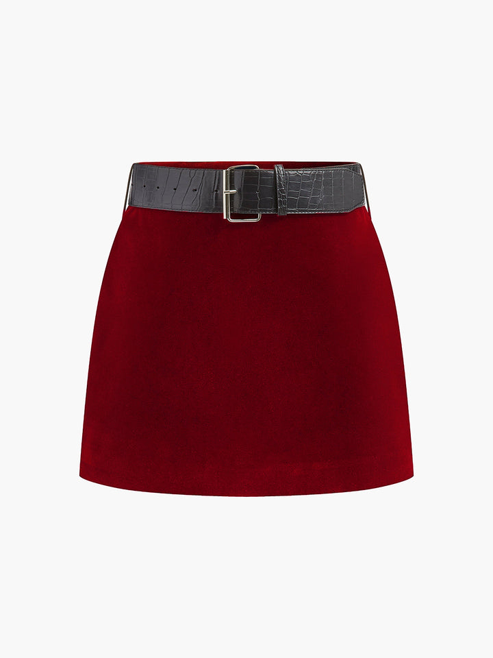Crocodile Belted Velvet Mini Skirt  Liora Lane Boutique Skirts Red / XL 32.00