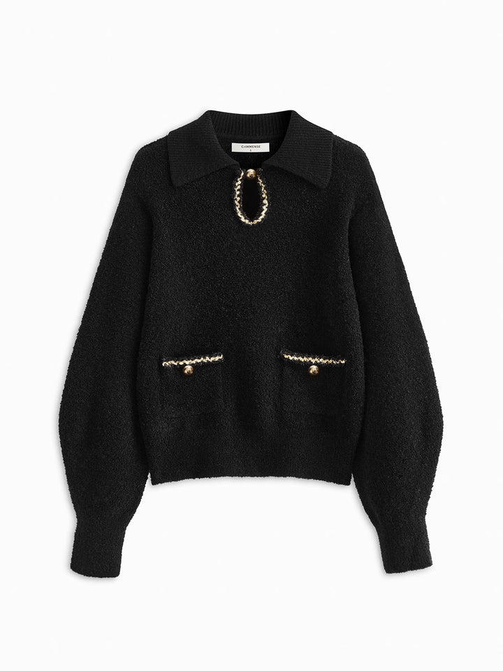 Elegant Contrast Binding Keyhole Neckline Polo Sweater  Liora Lane Boutique Sweaters