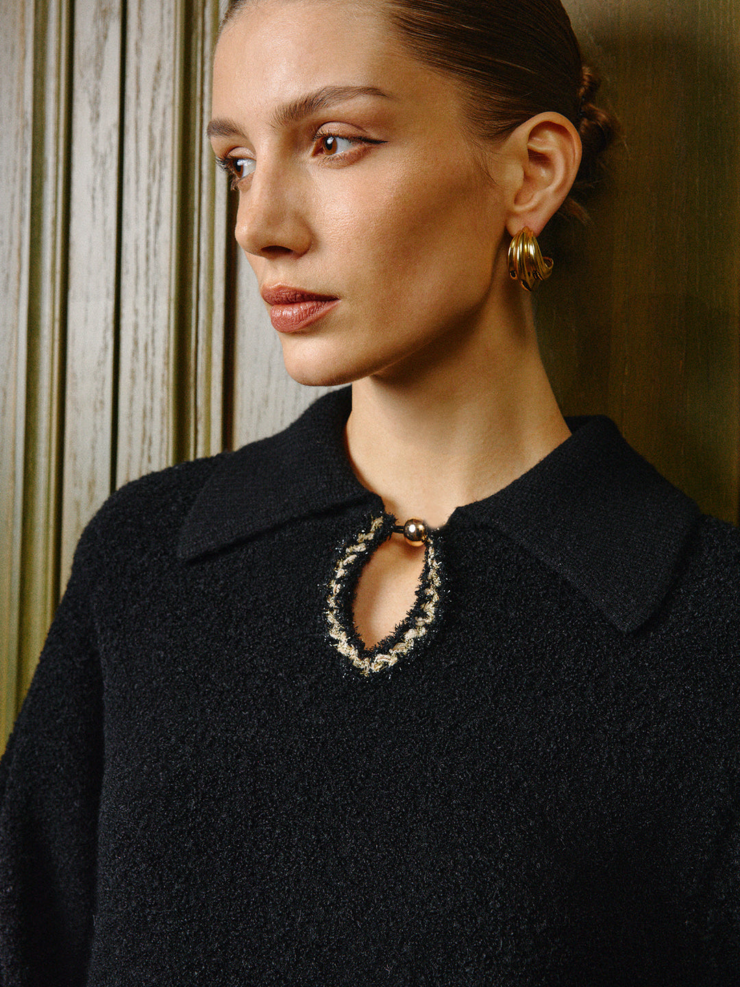 Elegant Contrast Binding Keyhole Neckline Polo Sweater  Liora Lane Boutique Sweaters