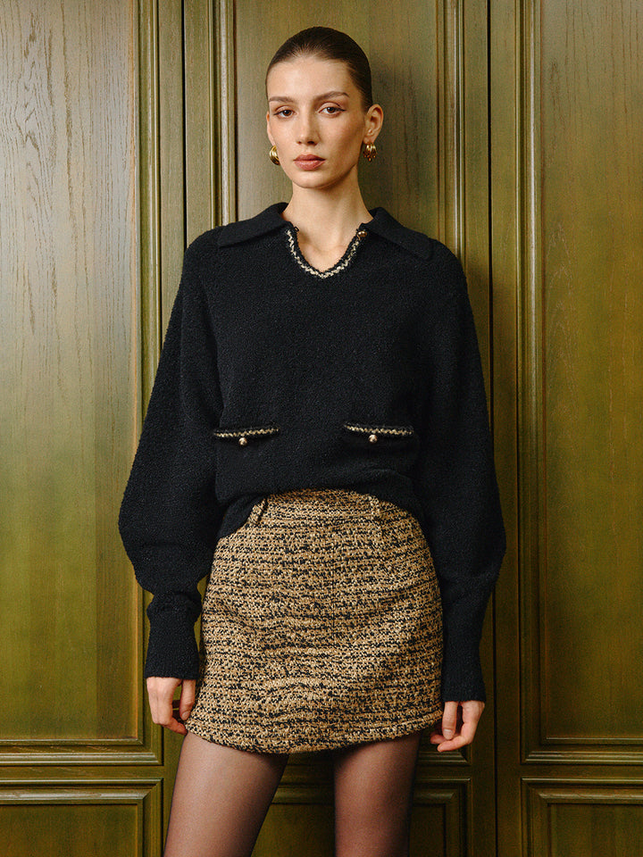 Elegant Contrast Binding Keyhole Neckline Polo Sweater  Liora Lane Boutique Sweaters