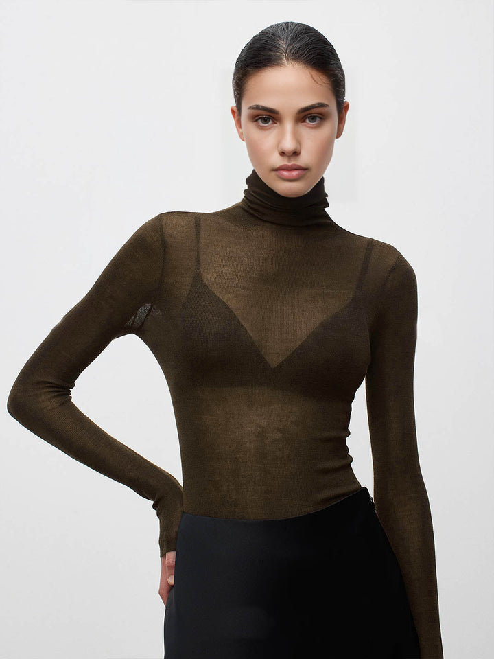 Wool-Blend Turtleneck Sheer Sweater  Liora Lane Boutique Sweaters Dark Brown / XL 55.00