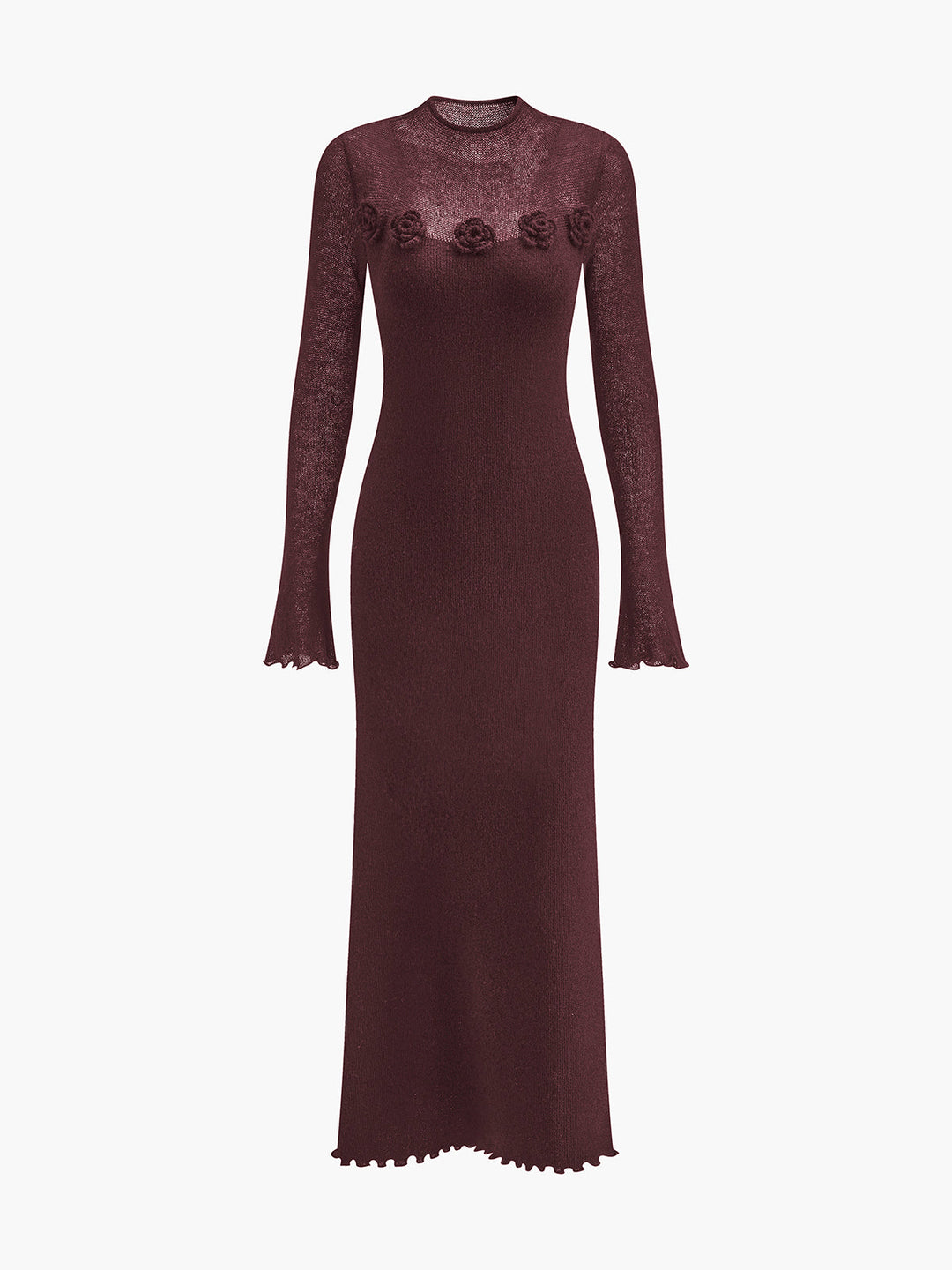 Wool-Blend 3D Flower Lettuce Trim Sweater Dress  Liora Lane Boutique Sweater Dresses Burgundy / XL 64.00