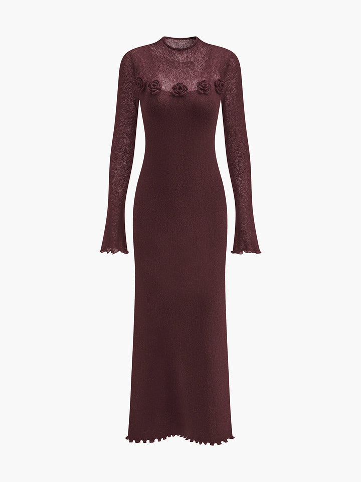 Wool-Blend 3D Flower Lettuce Trim Sweater Dress  Liora Lane Boutique Sweater Dresses Burgundy / XL 64.00